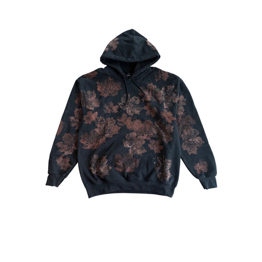 Unisex Handmade Bleach Dyed Black Hoodie Maple Leaves Fall Autumn Sweatshirt